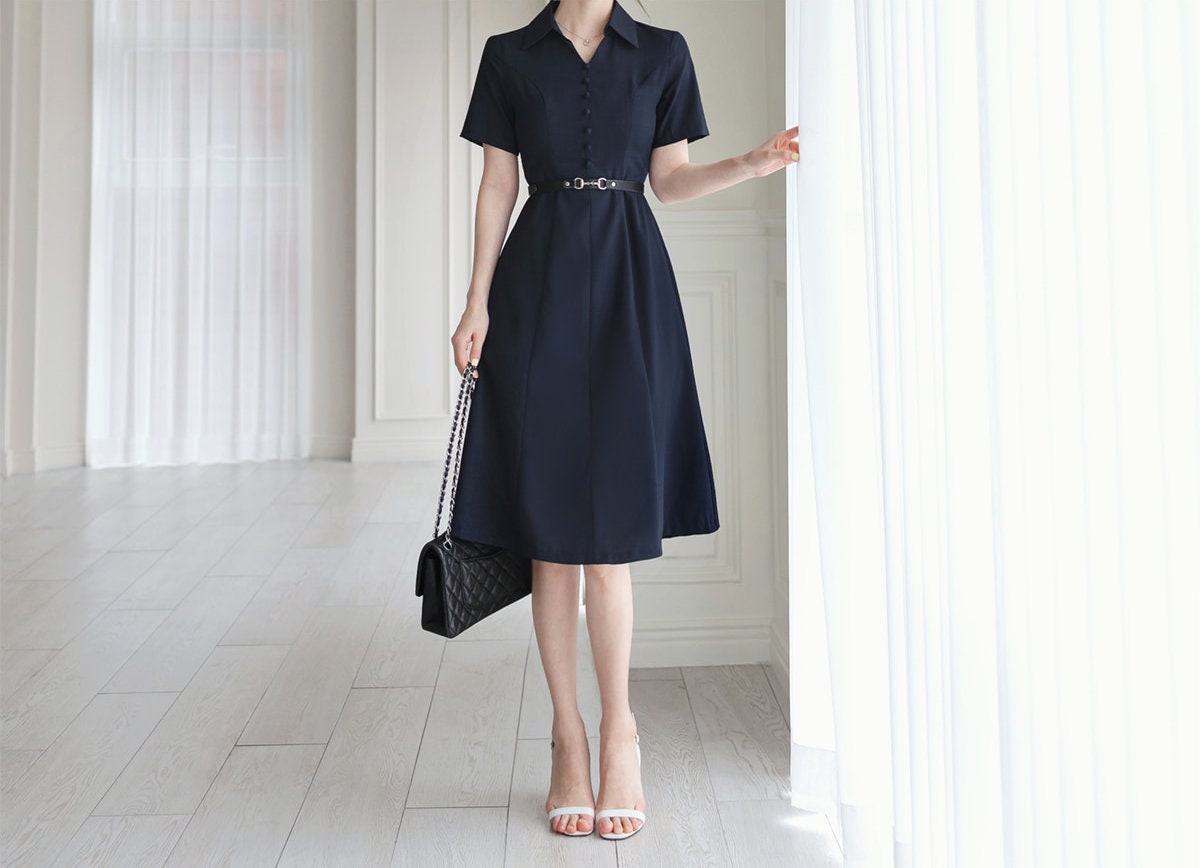 Elegant Open Collar V Neck Flare Dress with Belt / Korean Style Short Sleeve Mini Dress / Luxury wear Elegant Dress in Navy Color