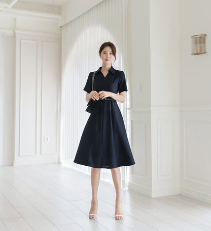 Elegant Open Collar V Neck Flare Dress with Belt / Korean Style Short Sleeve Mini Dress / Luxury wear Elegant Dress in Navy Color