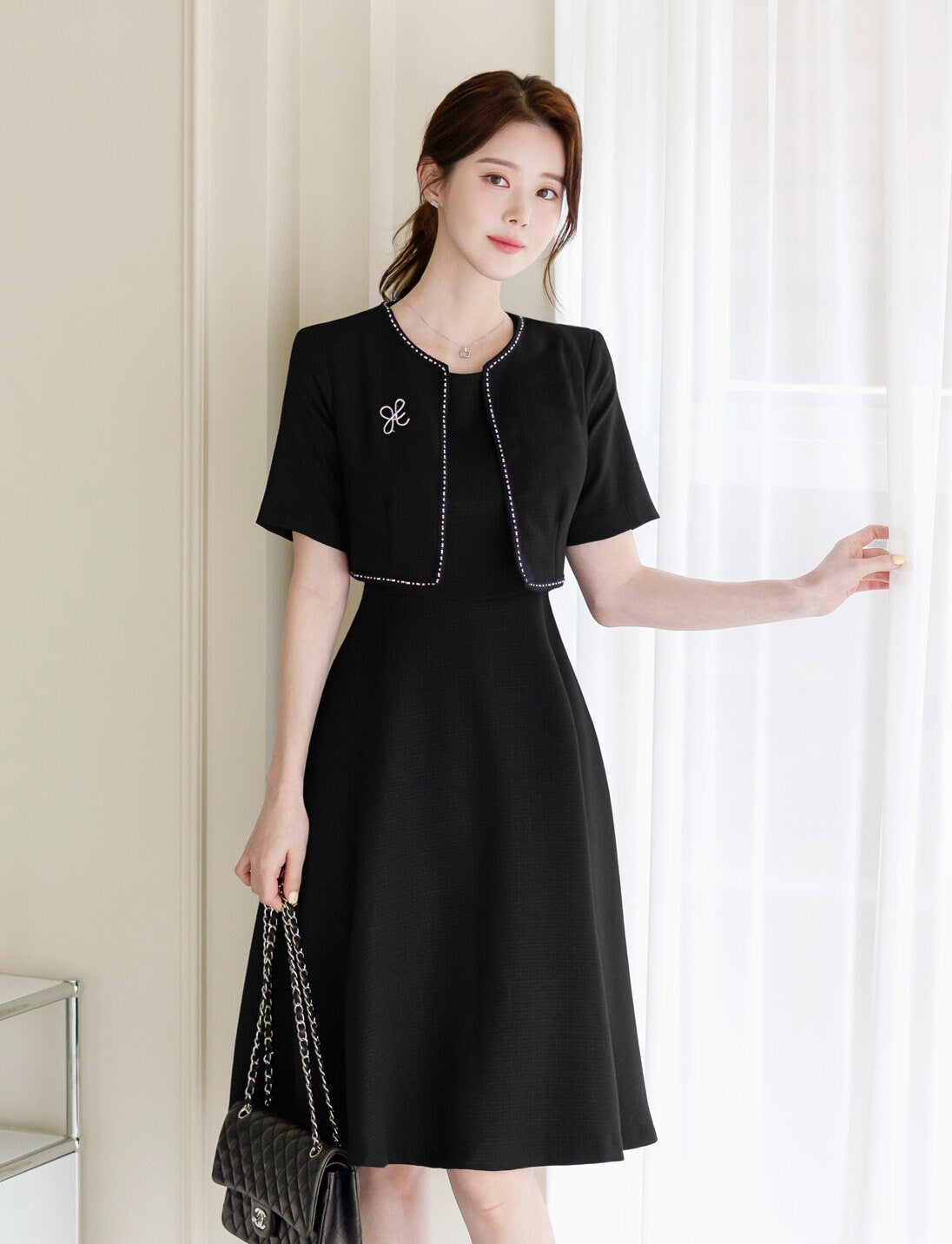 Cropped Top Jacket Layered Design Flare Dress / Korean Style Summer Tweed Dress / Elegant Feminin Black Dress / Basic Style Flare Mini Dress