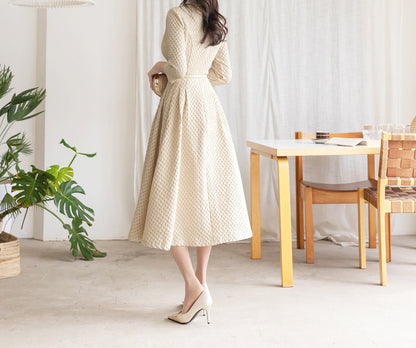 Classic Feminin Collared Neck Flare Dress with Belt, Korean Style 3/4 Sleeve Luxury Party Dress / Elegant Unique Bridal Dress