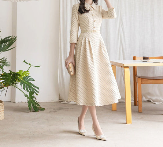 Classic Feminin Collared Neck Flare Dress with Belt, Korean Style 3/4 Sleeve Luxury Party Dress / Elegant Unique Bridal Dress