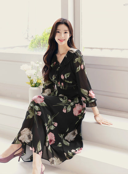 Spring Summer Floral V Neck Long Sleeve Long Chiffon Dress / Korean Style Women Midi Dress