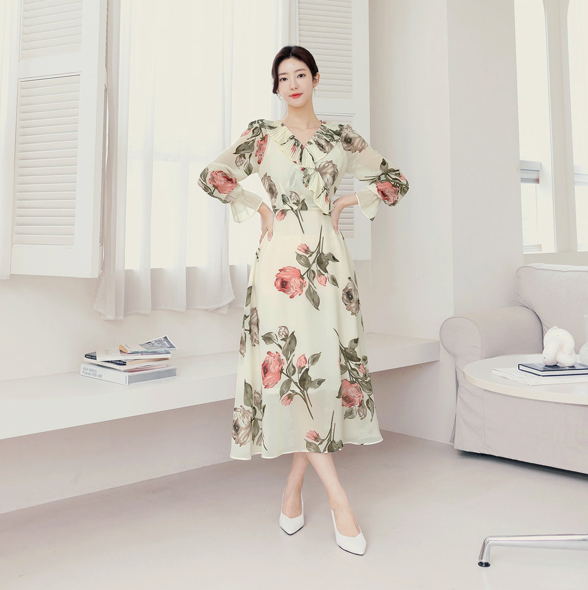 Spring Summer Floral V Neck Long Sleeve Long Chiffon Dress / Korean Style Women Midi Dress