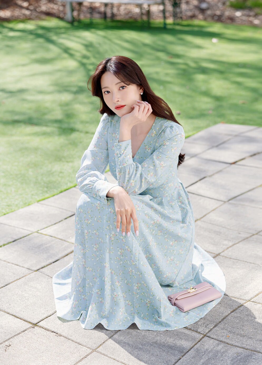 Spring Summer Floral V Neck Long Sleeve Midi Dress / Korean Style Women Dress / V-neck Long Pleated Dress Blue