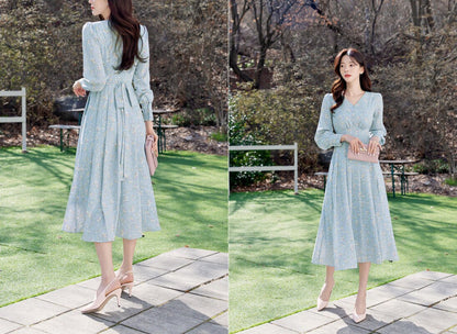 Spring Summer Floral V Neck Long Sleeve Midi Dress / Korean Style Women Dress / V-neck Long Pleated Dress Blue