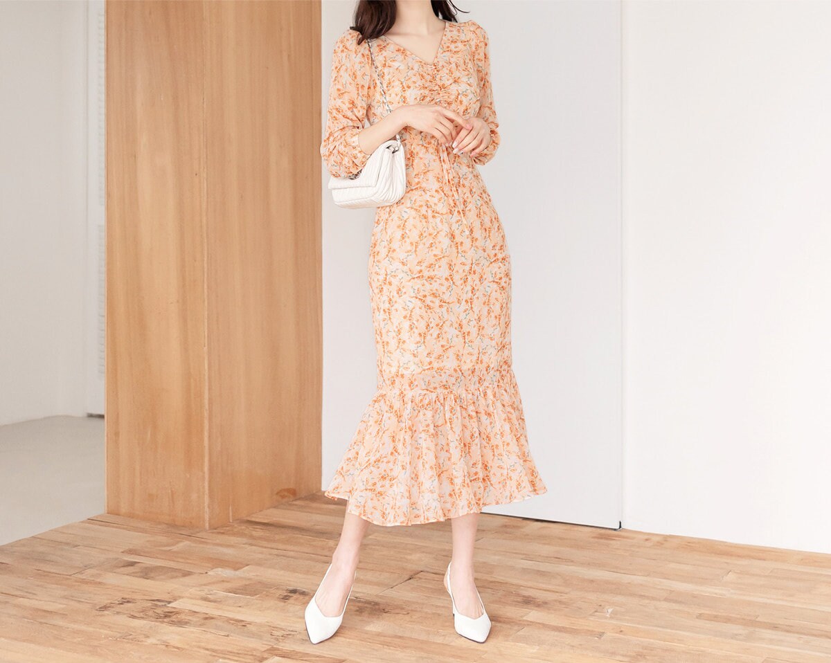 V Neck Floral Chiffon Long Dress / Long Sleeve Spring Summer Semi-Mermaid Midi Dress / Korean Style Feminin Midi Dress