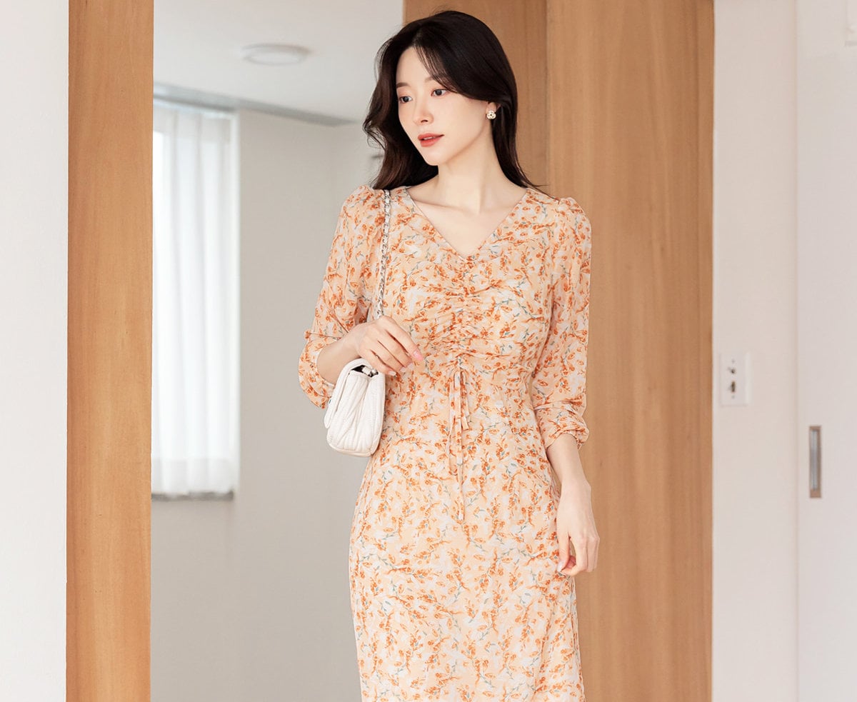 V Neck Floral Chiffon Long Dress / Long Sleeve Spring Summer Semi-Mermaid Midi Dress / Korean Style Feminin Midi Dress