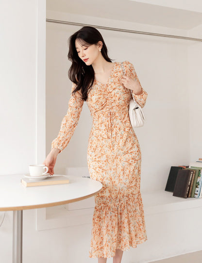 V Neck Floral Chiffon Long Dress / Long Sleeve Spring Summer Semi-Mermaid Midi Dress / Korean Style Feminin Midi Dress