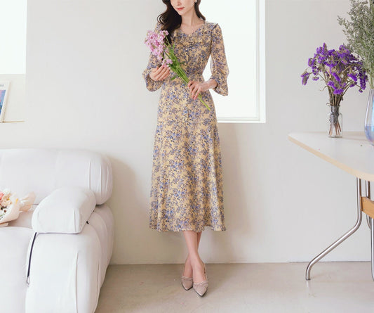 Ruffle Collar V Neck Floral Chiffon Long Dress / Long Sleeve Spring Summer Midi Dress / Korean Style Feminin Midi Dress