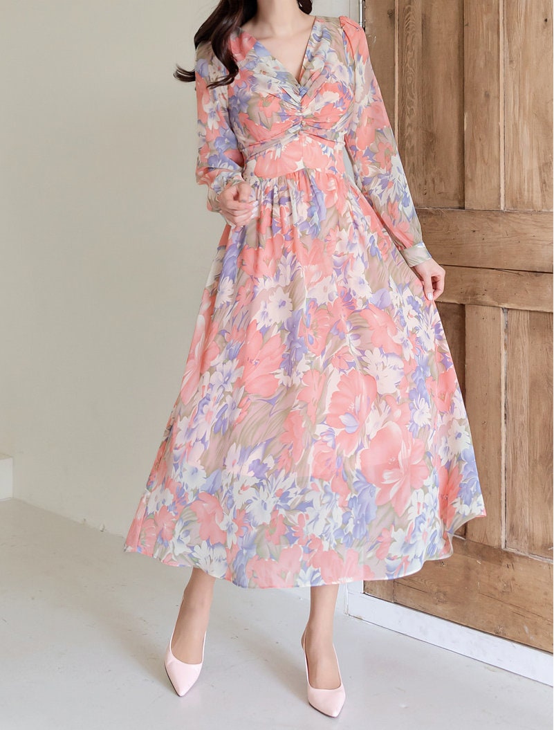 Feminin V Neck Floral Chiffon Long Dress / Long Sleeve Spring Summer Midi Dress / Korean Style Feminin Midi Dress