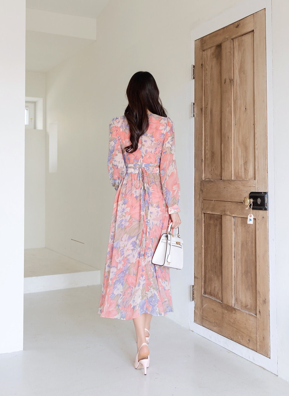 Feminin V Neck Floral Chiffon Long Dress / Long Sleeve Spring Summer Midi Dress / Korean Style Feminin Midi Dress