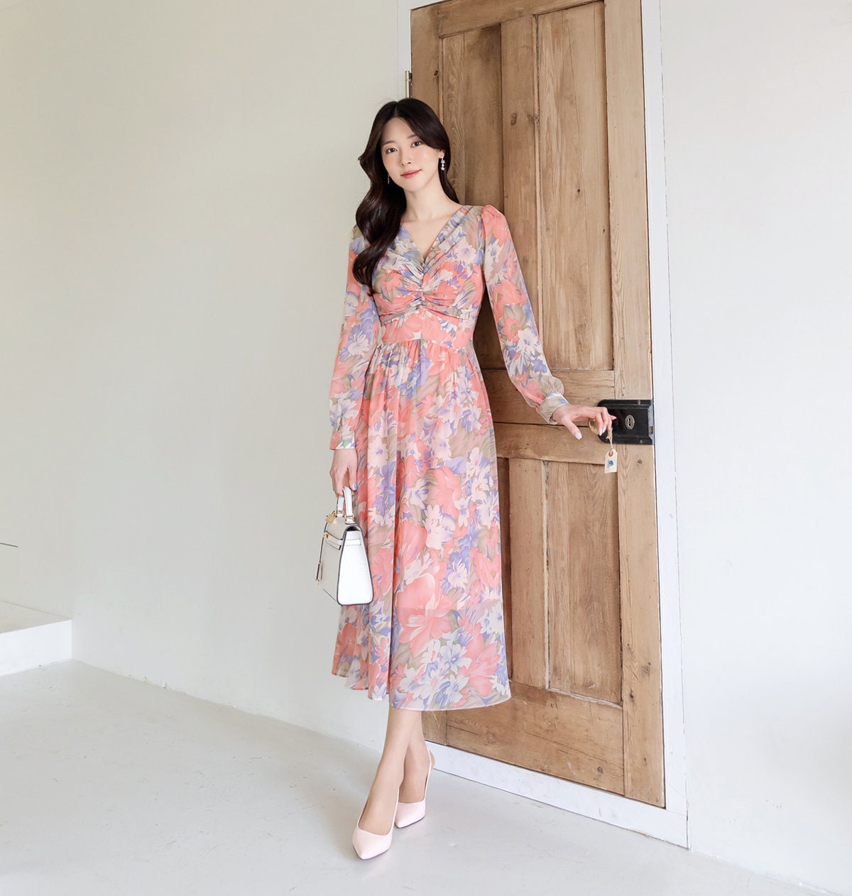 Feminin V Neck Floral Chiffon Long Dress / Long Sleeve Spring Summer Midi Dress / Korean Style Feminin Midi Dress