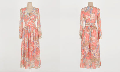 Feminin V Neck Floral Chiffon Long Dress / Long Sleeve Spring Summer Midi Dress / Korean Style Feminin Midi Dress