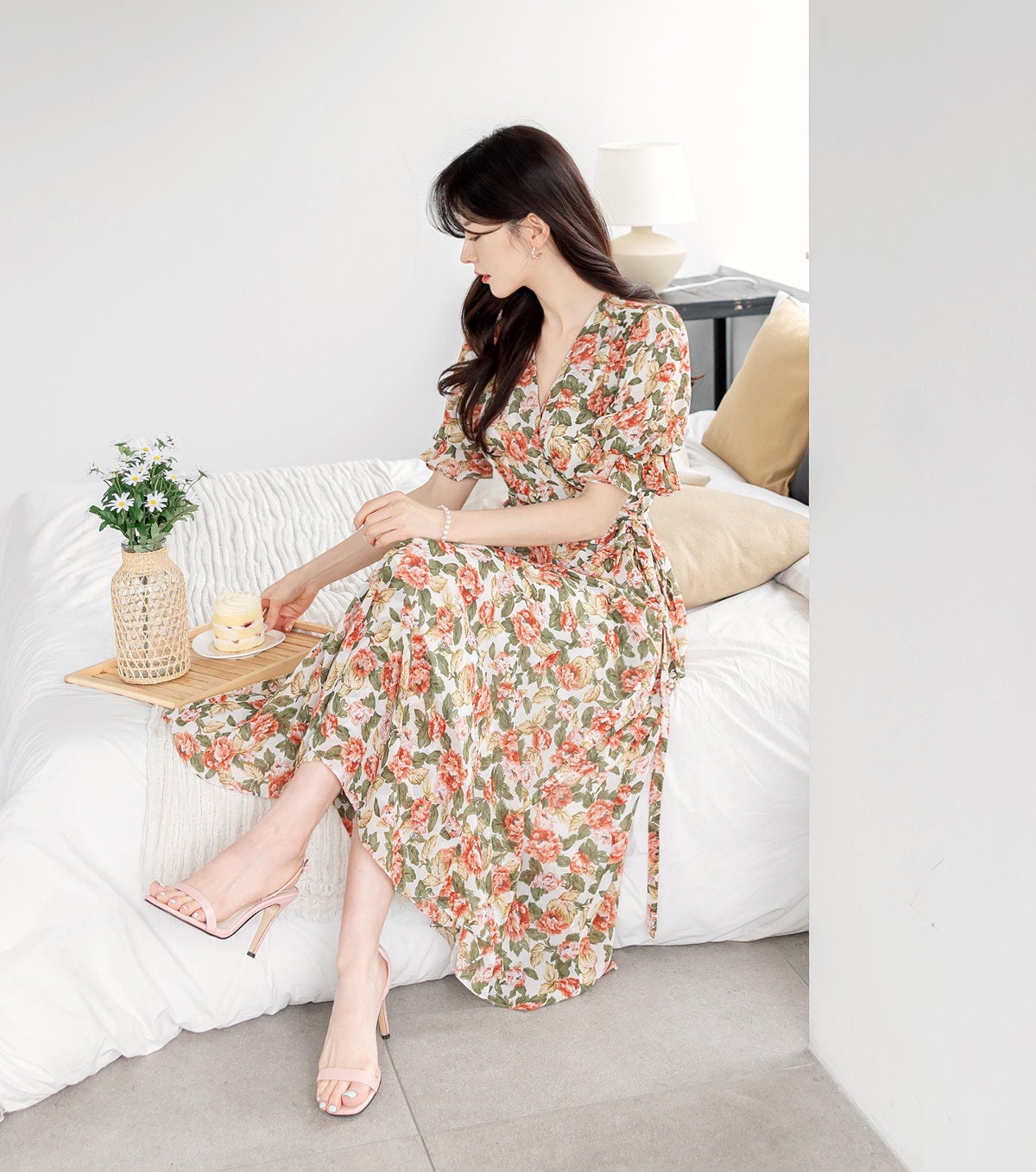 Romantic Floral Wrap Style V-neck Long Chiffon Dress / Korean Style Women Short Sleeve Maxi Dress