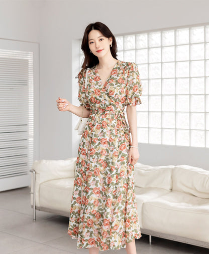 Romantic Floral Wrap Style V-neck Long Chiffon Dress / Korean Style Women Short Sleeve Maxi Dress