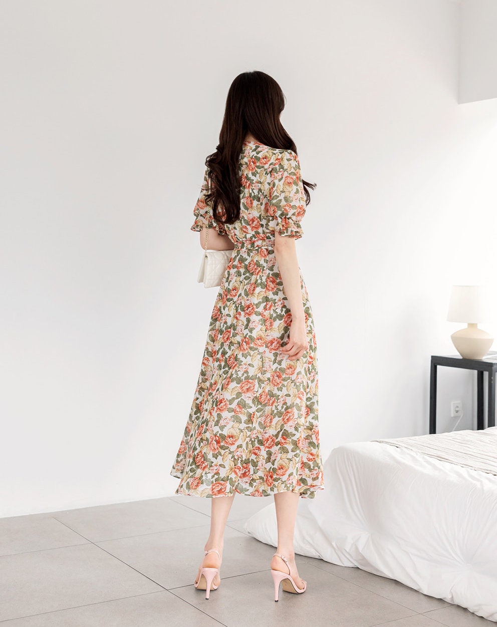 Romantic Floral Wrap Style V-neck Long Chiffon Dress / Korean Style Women Short Sleeve Maxi Dress