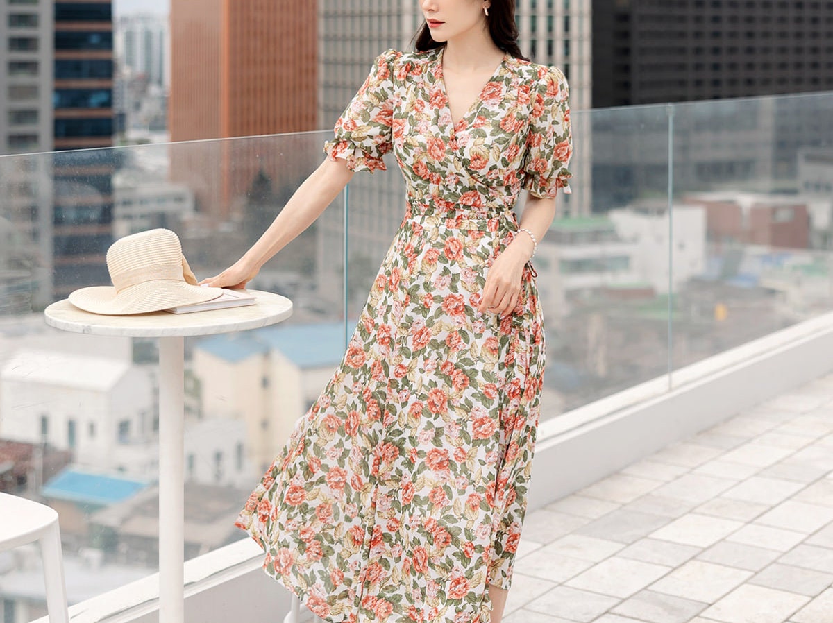 Romantic Floral Wrap Style V-neck Long Chiffon Dress / Korean Style Women Short Sleeve Maxi Dress