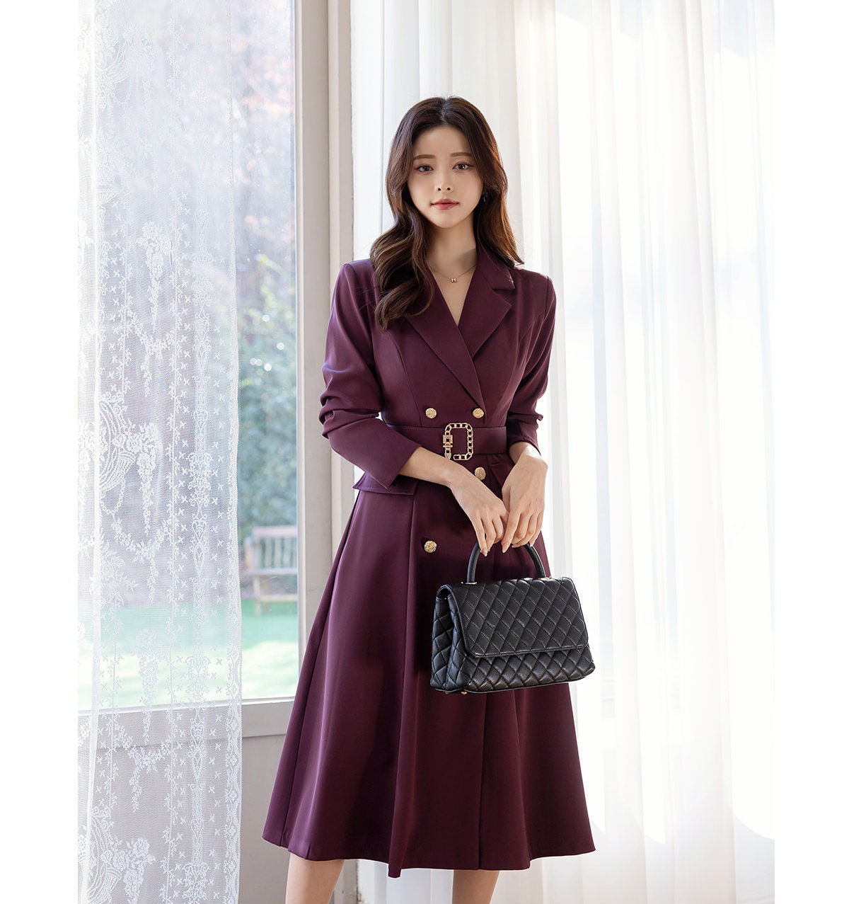 Elegant Classic Double Breasted Dress / Korean Style Midi Dress with Belt / Luxury wear Elegant Dress / Jacket Style Dress