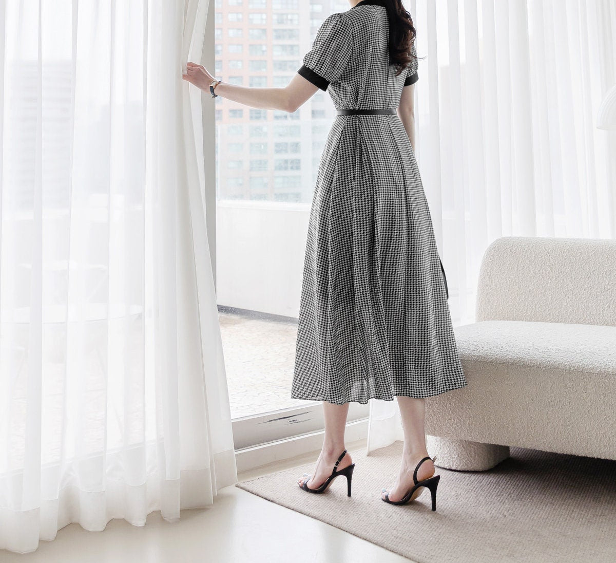 Classic V Neck Puff Sleeve Button Long Dress with Belt / Korean Style Elegant Feminin Shirtdress / Short Sleeve Houndstooth Flare Midi Dress