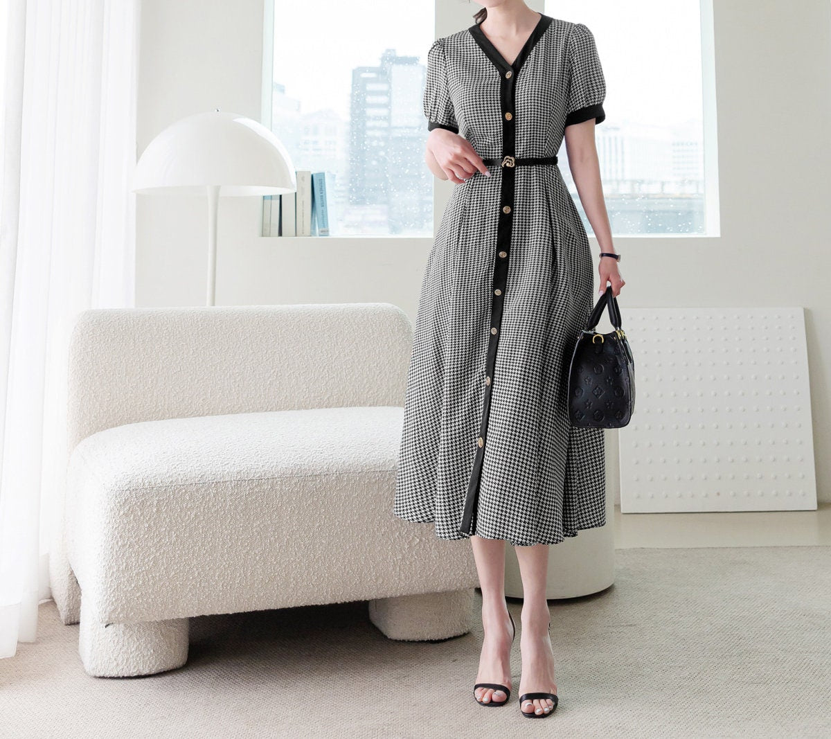 Classic V Neck Puff Sleeve Button Long Dress with Belt / Korean Style Elegant Feminin Shirtdress / Short Sleeve Houndstooth Flare Midi Dress