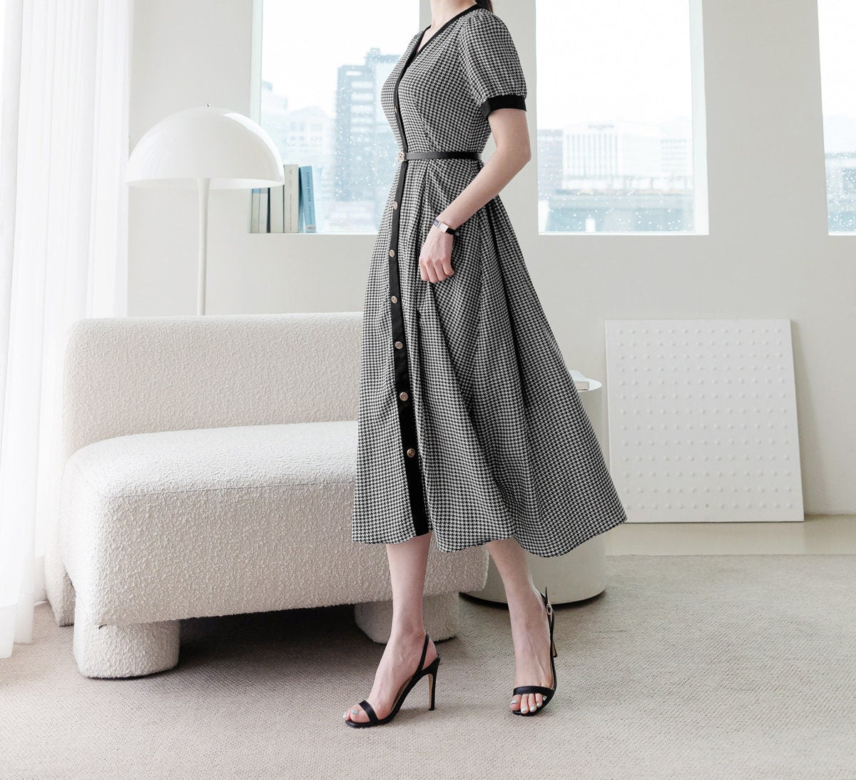 Classic V Neck Puff Sleeve Button Long Dress with Belt / Korean Style Elegant Feminin Shirtdress / Short Sleeve Houndstooth Flare Midi Dress