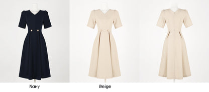 Elegant V Neck Flare Dress / Korean Style Short Sleeve Mini Dress with Pearl Button / Luxury wear Elegant Dress