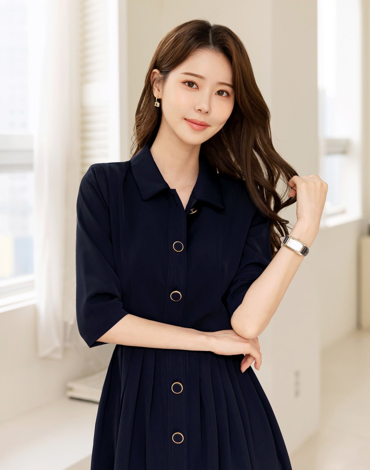 Classic Cropped Top Layered Design Flare Dress / Korean Style Women Dress / Elegant Feminin Shirt Dress / Basic Style Flare Dress Navy