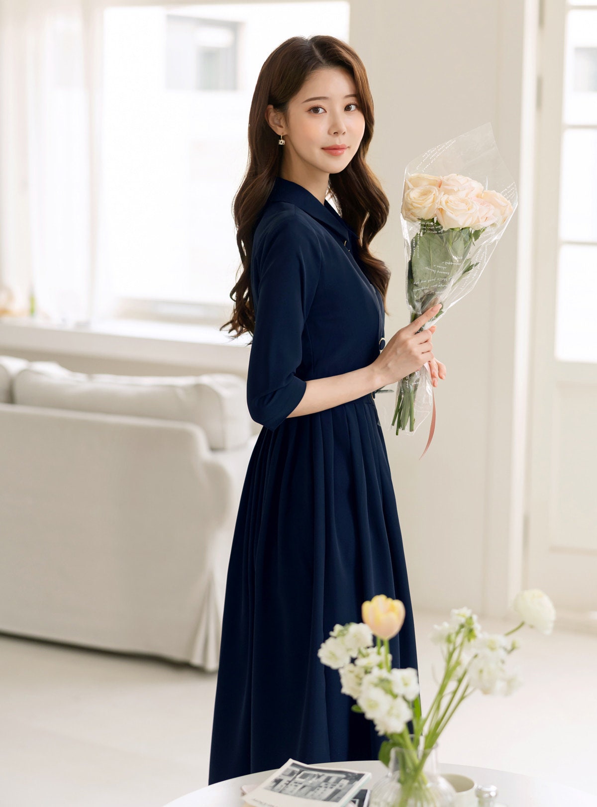 Classic Cropped Top Layered Design Flare Dress / Korean Style Women Dress / Elegant Feminin Shirt Dress / Basic Style Flare Dress Navy