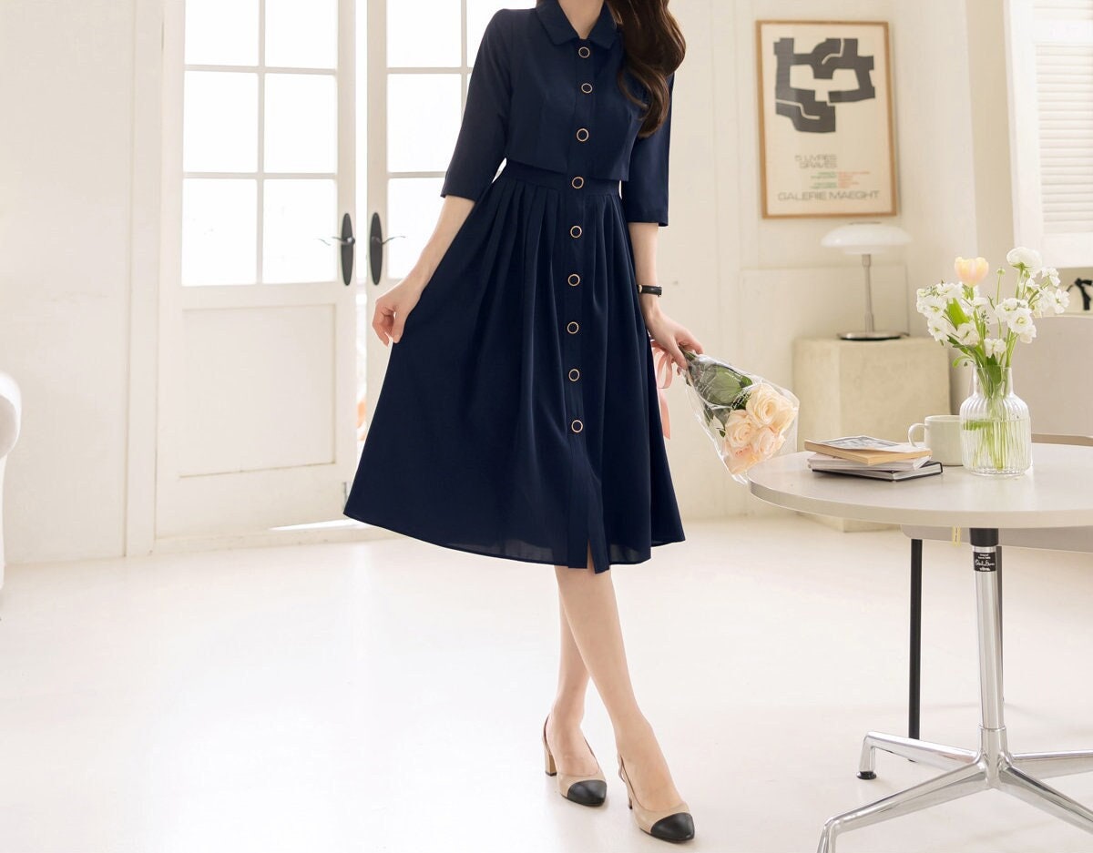 Classic Cropped Top Layered Design Flare Dress / Korean Style Women Dress / Elegant Feminin Shirt Dress / Basic Style Flare Dress Navy