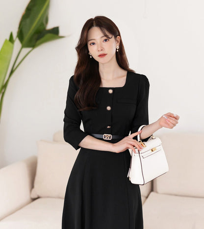 Elegant Square Neck Flare Dress with Belt / Korean Style Short Sleeve Midi Dress with Gold Button / Luxury wear Elegant Dress