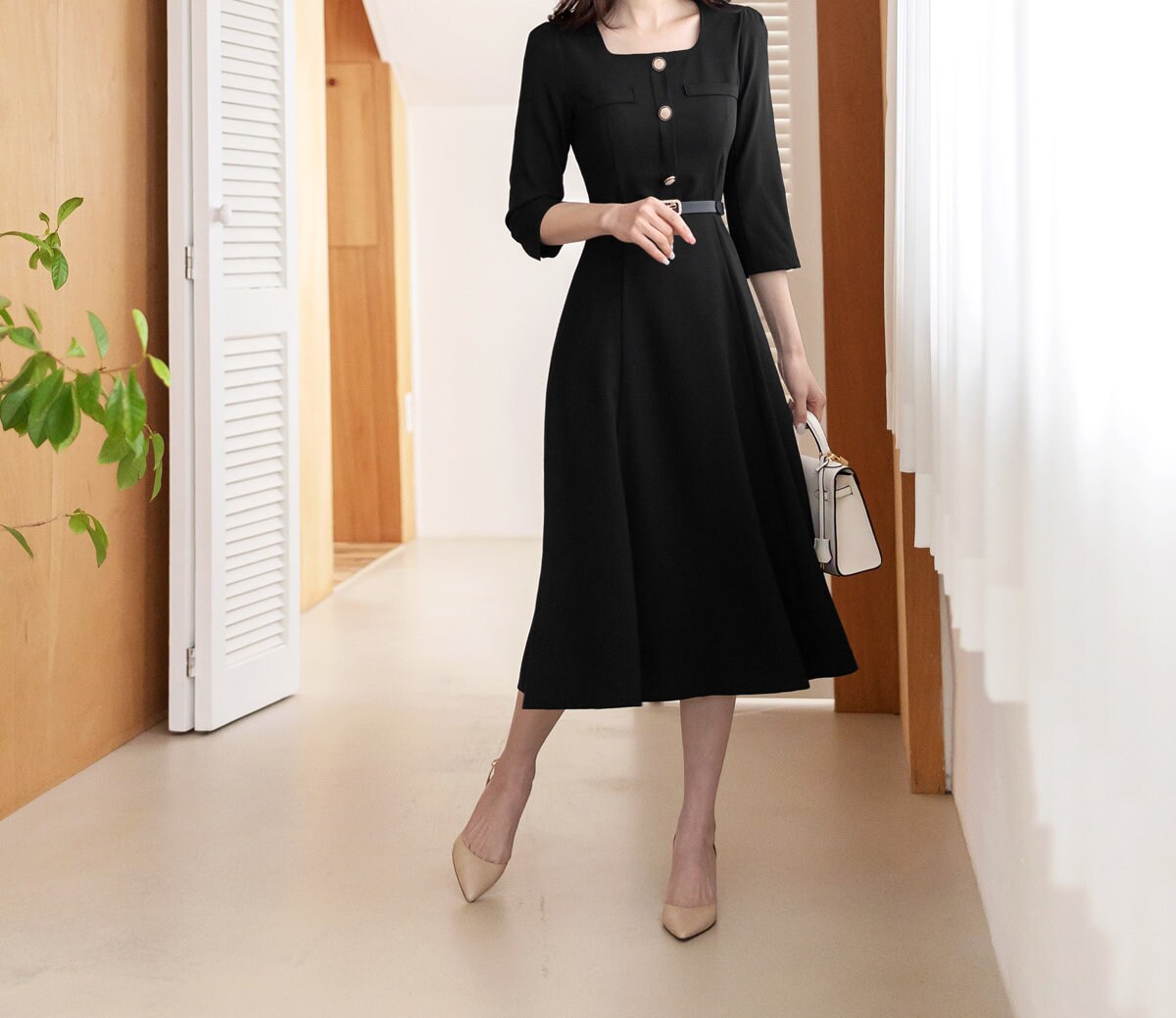 Elegant Square Neck Flare Dress with Belt / Korean Style Short Sleeve Midi Dress with Gold Button / Luxury wear Elegant Dress