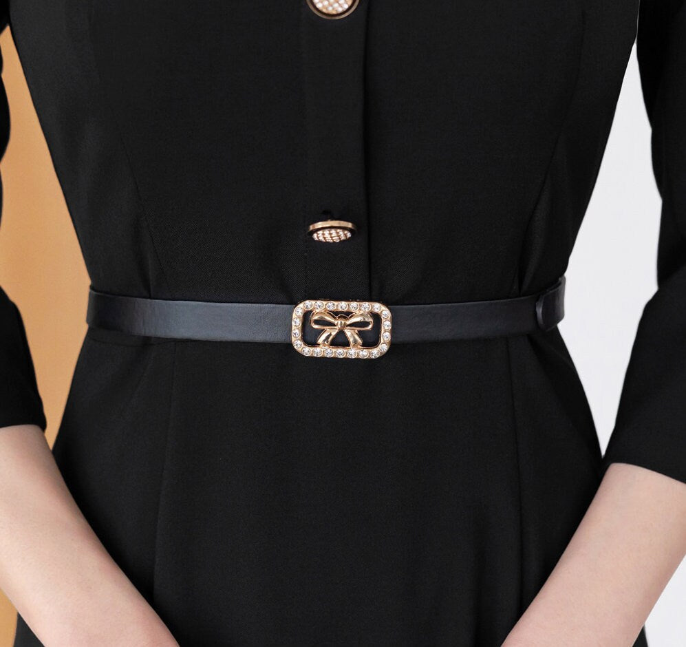 Elegant Square Neck Flare Dress with Belt / Korean Style Short Sleeve Midi Dress with Gold Button / Luxury wear Elegant Dress