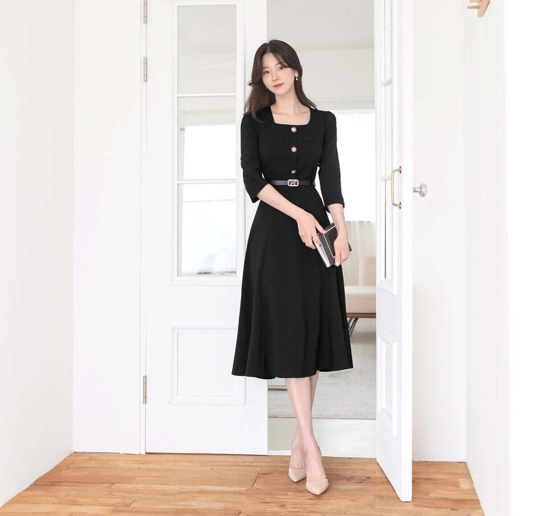 Elegant Square Neck Flare Dress