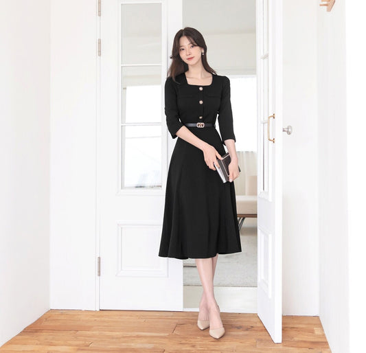 Elegant Square Neck Flare Dress with Belt / Korean Style Short Sleeve Midi Dress with Gold Button / Luxury wear Elegant Dress