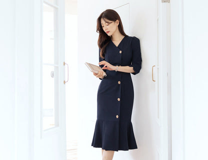 Elegant Feminin Semi Mermaid Dress / Korean Style V Neck Women Dress / Elegant Navy Blue Dress / Simple Semi Mermaid Silhouette Midi Dress