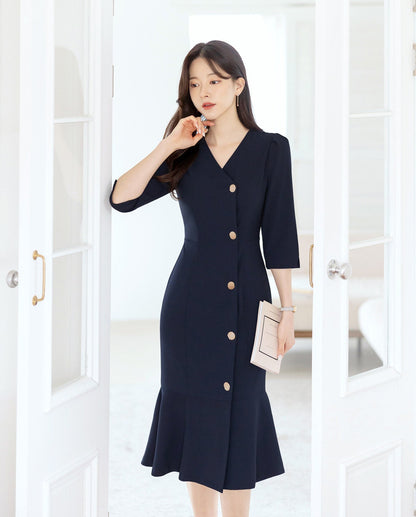 Elegant Feminin Semi Mermaid Dress / Korean Style V Neck Women Dress / Elegant Navy Blue Dress / Simple Semi Mermaid Silhouette Midi Dress