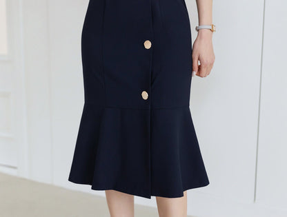 Elegant Feminin Semi Mermaid Dress / Korean Style V Neck Women Dress / Elegant Navy Blue Dress / Simple Semi Mermaid Silhouette Midi Dress