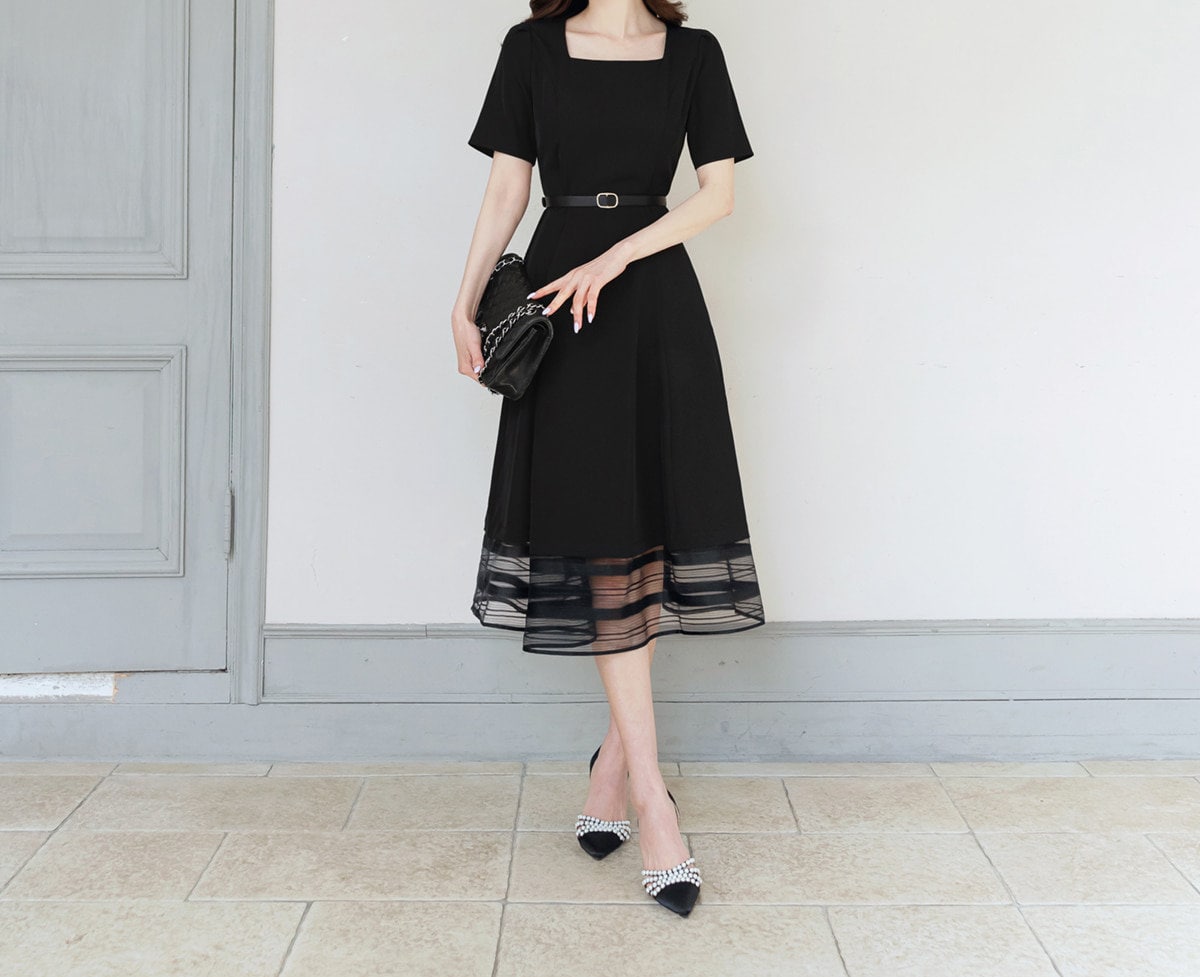 Classic Elegant Square Neck Flare Dress with Belt / Korean Style Short Sleeve Midi Dress / Luxury wear Elegant Black Dress