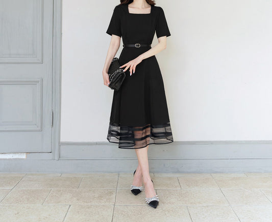 Classic Elegant Square Neck Flare Dress with Belt / Korean Style Short Sleeve Midi Dress / Luxury wear Elegant Black Dress