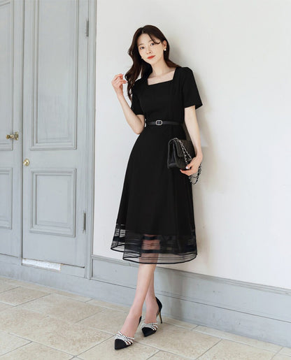 Classic Elegant Square Neck Flare Dress with Belt / Korean Style Short Sleeve Midi Dress / Luxury wear Elegant Black Dress