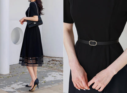 Classic Elegant Square Neck Flare Dress with Belt / Korean Style Short Sleeve Midi Dress / Luxury wear Elegant Black Dress