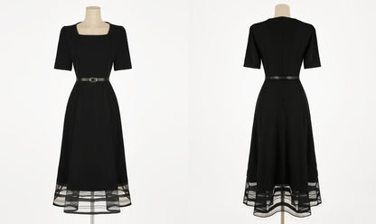 Classic Elegant Square Neck Flare Dress with Belt / Korean Style Short Sleeve Midi Dress / Luxury wear Elegant Black Dress