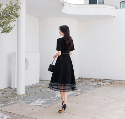 Classic Elegant Square Neck Flare Dress with Belt / Korean Style Short Sleeve Midi Dress / Luxury wear Elegant Black Dress