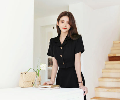 Cropped Top Jacket Layered Design Flare Dress / Korean Style Women Midi Dress / Elegant Feminin Black Dress / Basic Style Flare Midi Dress