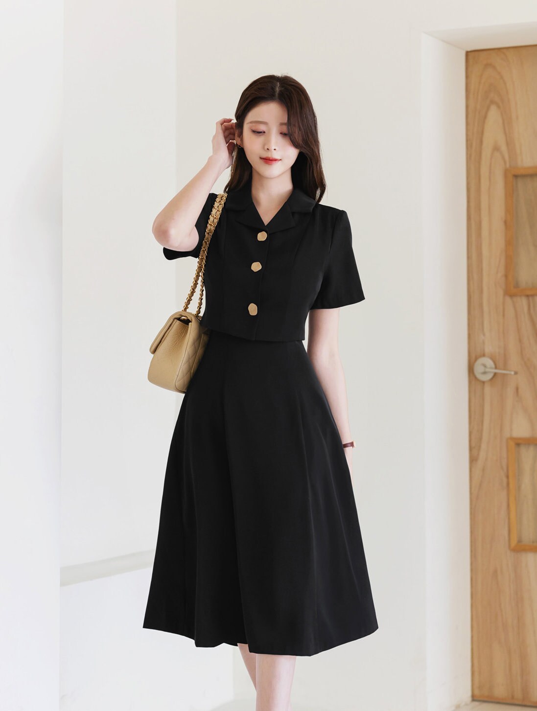 Cropped Top Jacket Layered Design Flare Dress / Korean Style Women Midi Dress / Elegant Feminin Black Dress / Basic Style Flare Midi Dress