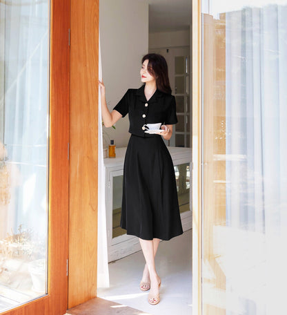 Cropped Top Jacket Layered Design Flare Dress / Korean Style Women Midi Dress / Elegant Feminin Black Dress / Basic Style Flare Midi Dress