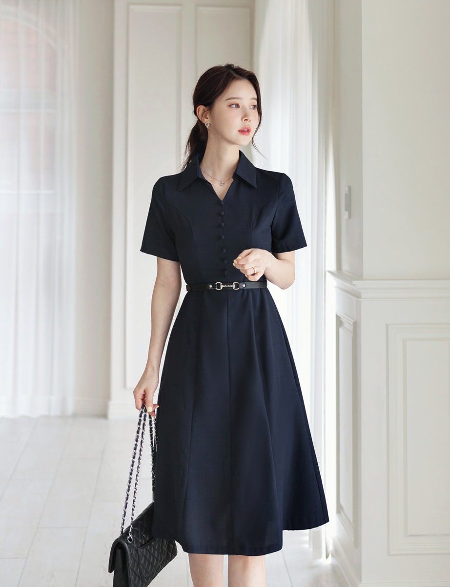 Elegant Open Collar V Neck Flare Dress with Belt / Korean Style Short Sleeve Mini Dress / Luxury wear Elegant Dress in Navy Color