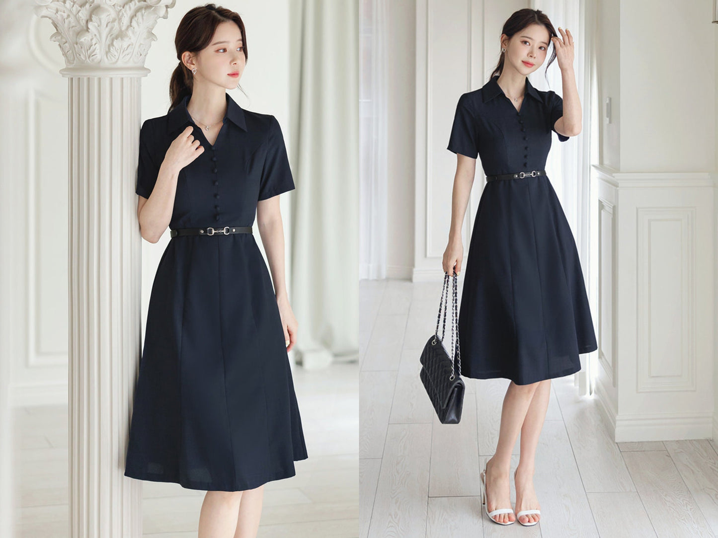 Elegant Open Collar V Neck Flare Dress with Belt / Korean Style Short Sleeve Mini Dress / Luxury wear Elegant Dress in Navy Color