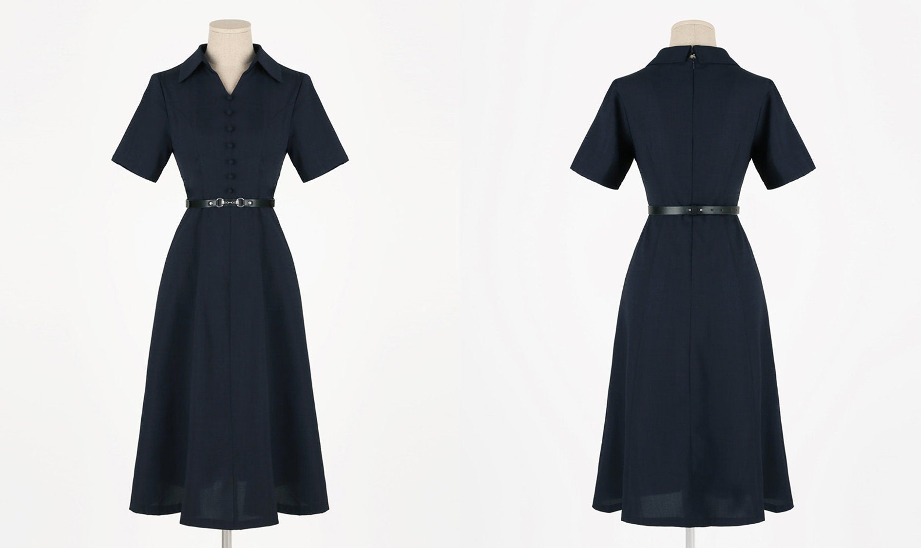 Elegant Open Collar V Neck Flare Dress with Belt / Korean Style Short Sleeve Mini Dress / Luxury wear Elegant Dress in Navy Color