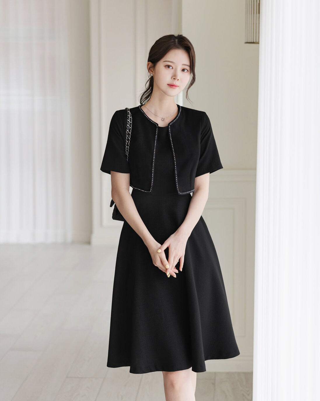 Cropped Top Jacket Layered Design Flare Dress / Korean Style Summer Tweed Dress / Elegant Feminin Black Dress / Basic Style Flare Mini Dress